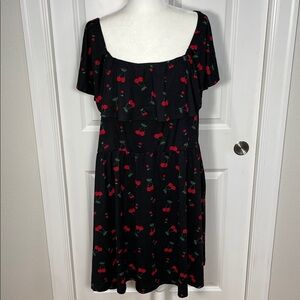 Nine Britton Mini Dress Size 3X Cherry Print New Black Red Ruffle Pockets
